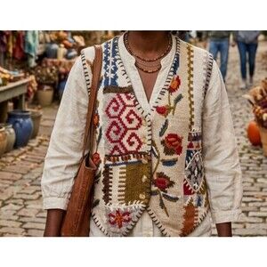 VTG RTW Ready to Wind Down Womens Knit Vest Patchwork Floral Artsy Grandmacore M